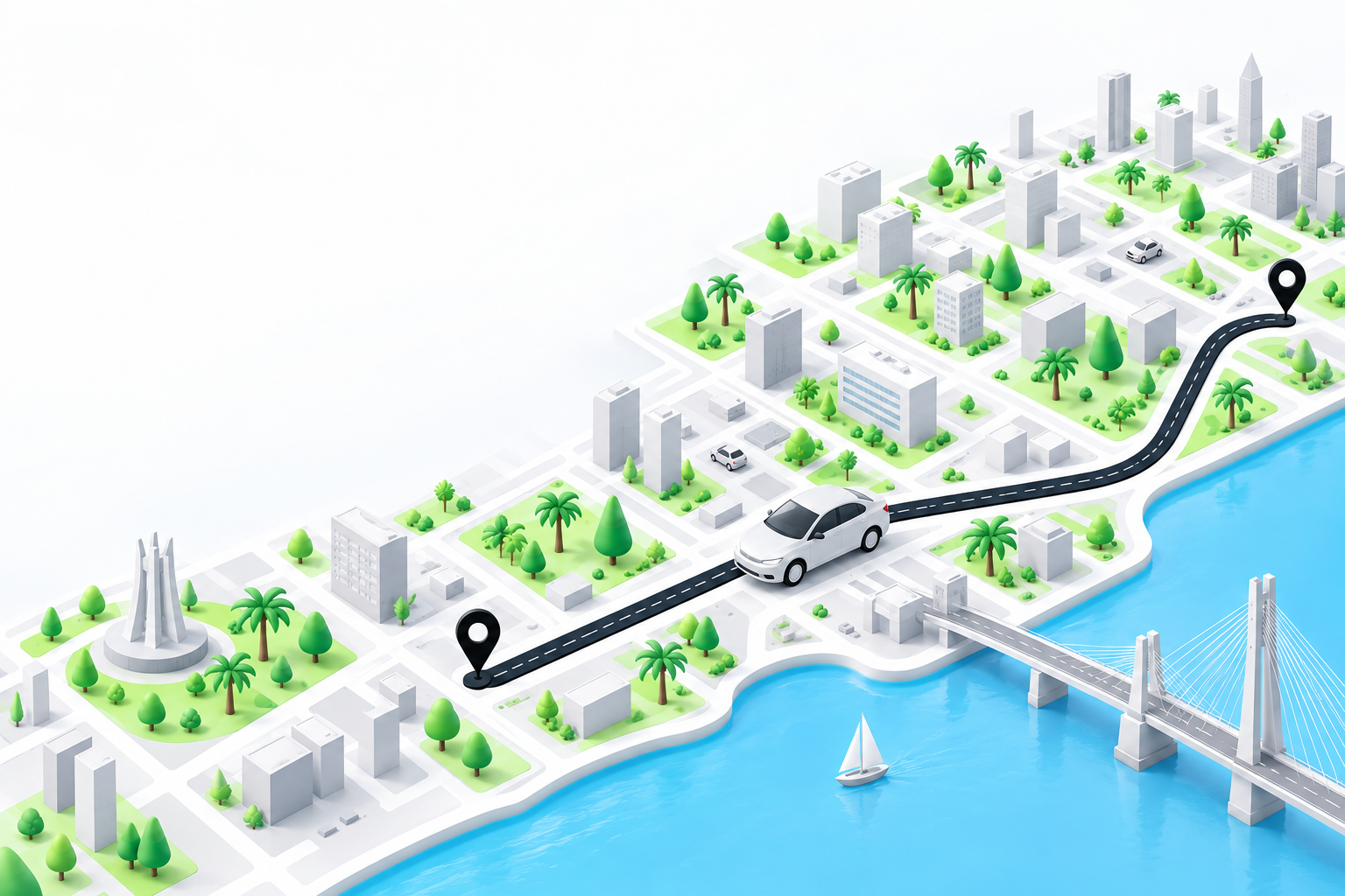 An isometric Lagos city with a heyGo route across the lagoon