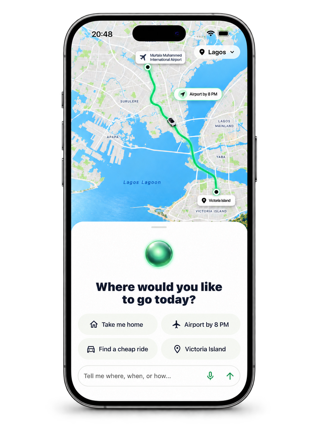 heyGo rider app showing a Lagos route and the conversational ride request screen