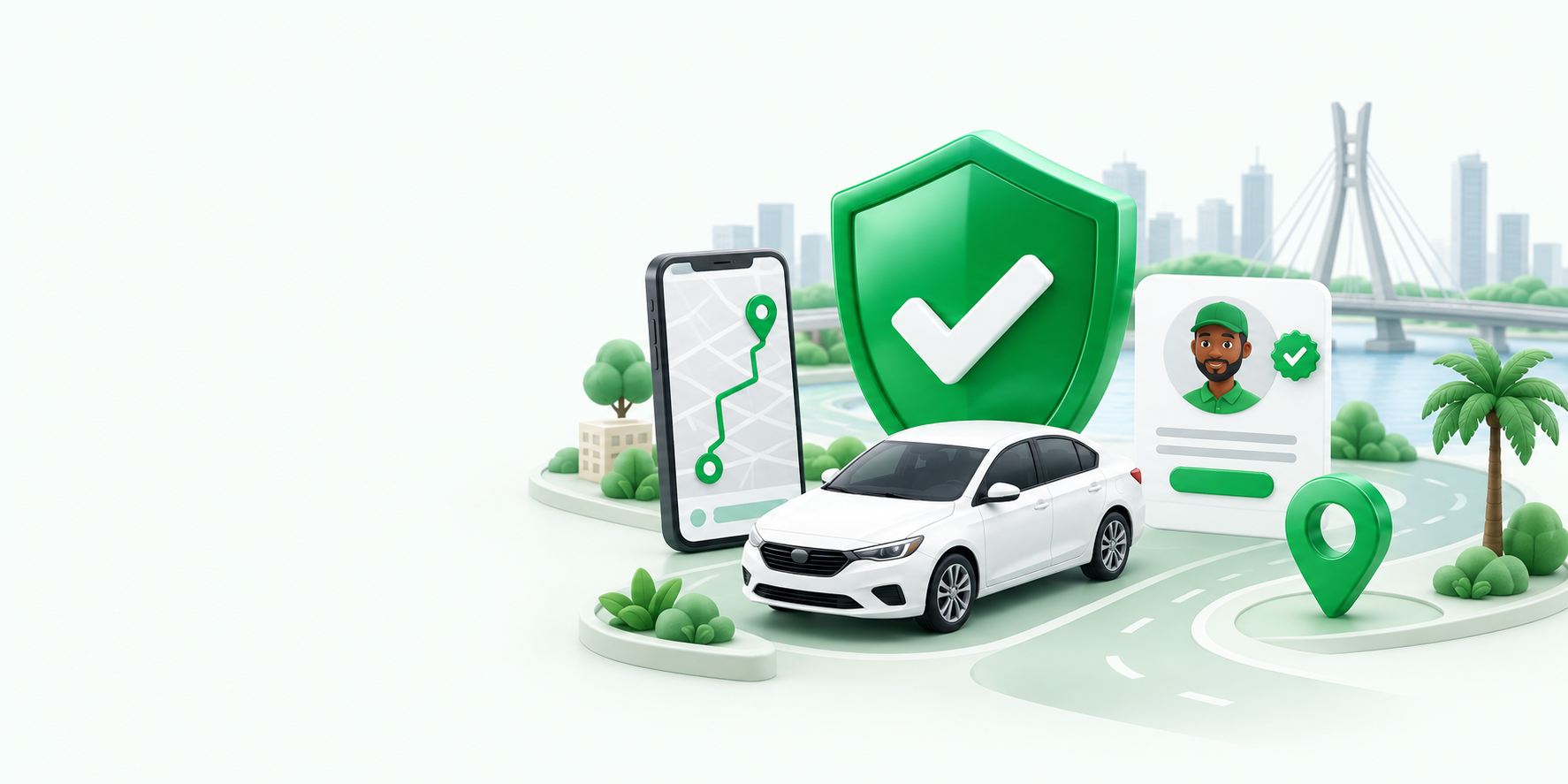 A white car, verified driver profile and route protected by a green shield in Lagos